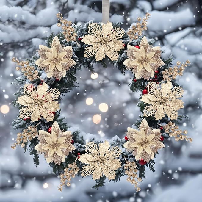 22 Pcs Champagne Christmas Poinsettia Artificial Flowers and Glitter Berries Stems Kit, Christmas Poinsettias Decorations and Christmas Tree Ornaments for Xmas Home Wedding Holiday Tree Decor