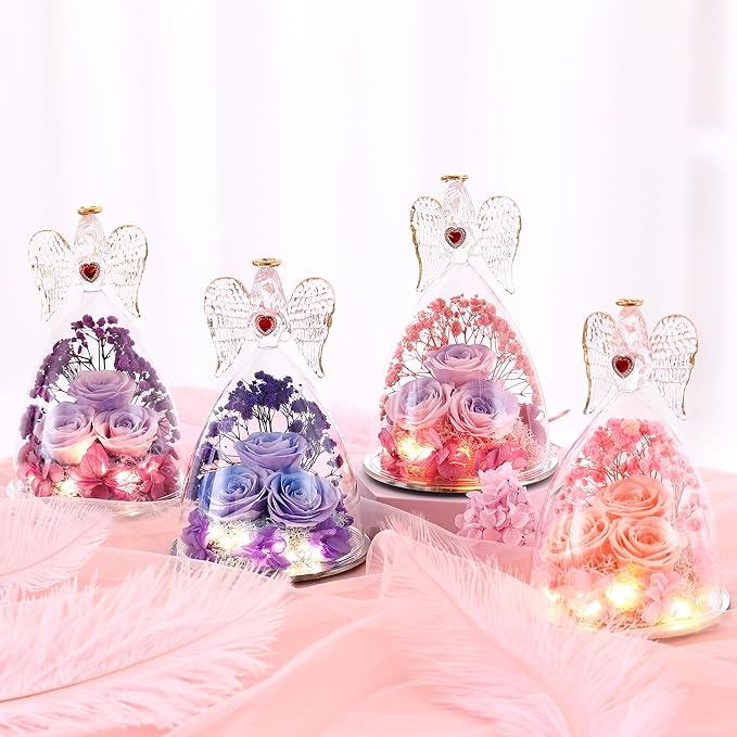 Mothers Day Rose Gifts for Women, Large Angel Figurines with Real Roses, Preserved Real Flower Rose for Her, PinkPurPink