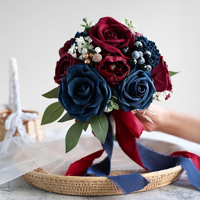 ponatia Navy Blue Wedding Bouquets for Bride Bridesmaid, BurgundyWedding Artificial Roses Flowers for Wedding Bouquets Ceremony, Anniversary (Burgundy & Navy Blue)