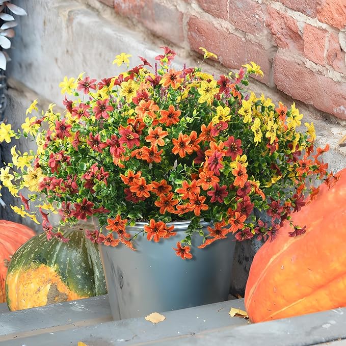 Homsunny Artificial Mums Flowers Outdoors Autumn Decor, Fall Fake Silk Daisy UV Resistant, 12 Bundles Outside Faux Flower Plants for Home Garden Porch Patio Yard Balcony Window (Yellow Brown Orange)