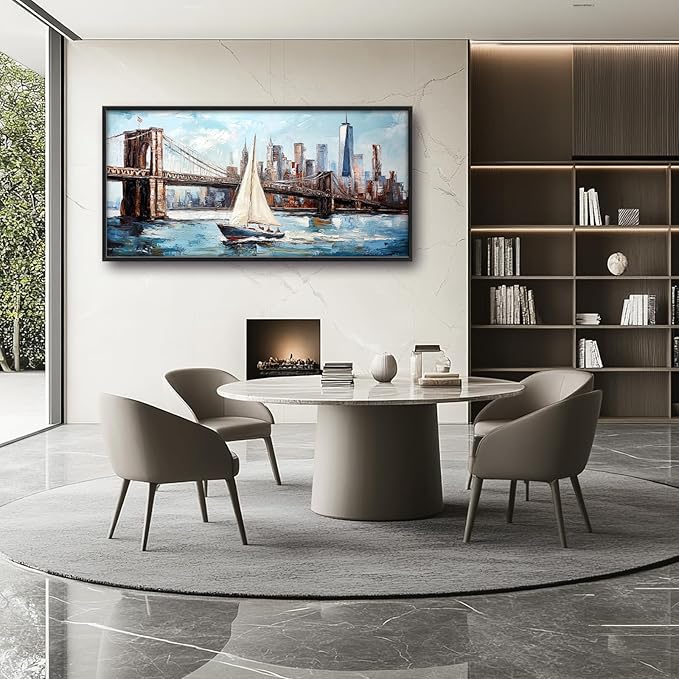 Extra Large Sailboat Framed Wall Art for Living Room,Oversized New York Brooklyn Bridge Pictures Wall Decor,Cityscape Canvas Print Painting Modern Artwork Bedroom Office Bathroom 60L x 30W
