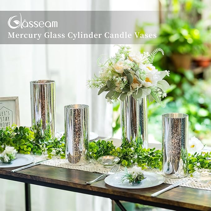 Glasseam Cylinder Vases for Centerpieces Bulk: Set of 24 Silver Mercury Glass Vases for Flowers Floating Candle Vases for Flowers Hurricane Candle Holders for Table Centerpiece Wedding Decor