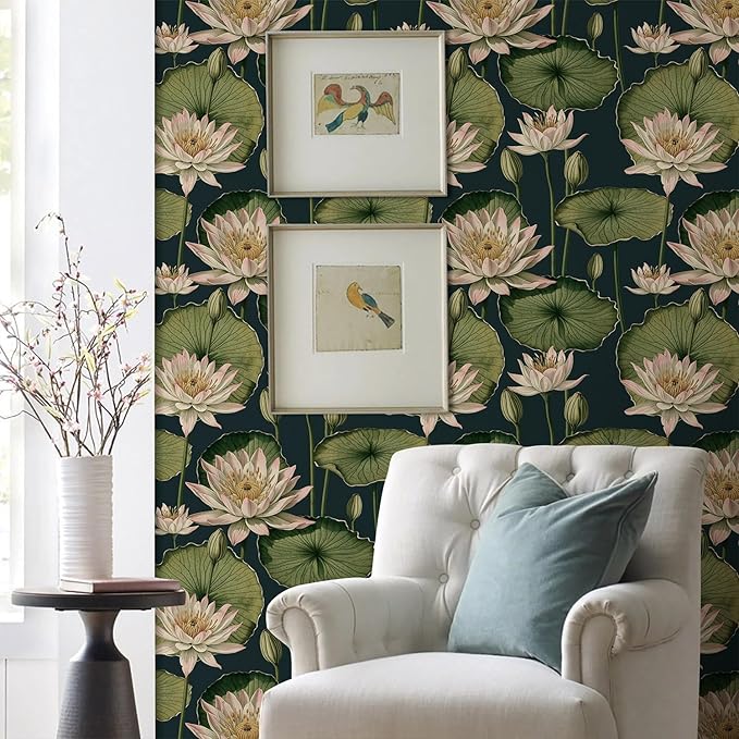 Orainege Vintage Floral Peel and Stick Wallpaper Floral Contact Paper 16.9"x393.7" Lotus Leaf Wallpaper Peel and Stick Self Adhesive Wall Paper for Bedroom Bathroom Covering Wall Decorative