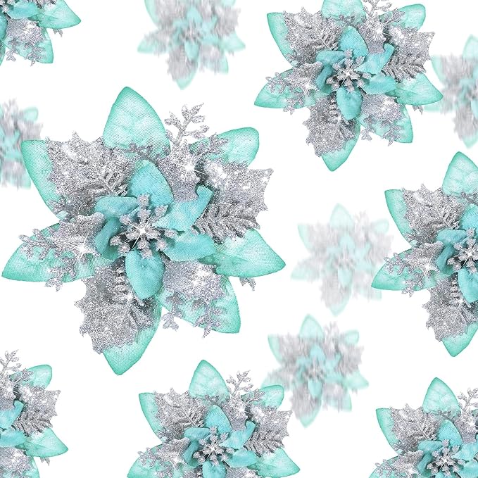 36 Pcs Christmas Glitter Artificial Poinsettia Flowers Xmas Poinsettia Artificial Wedding Flowers Decorations Xmas Tree Ornaments with Clips for Party, 6 Inch, 4 Inch, 3 Inch(Silver and Green)