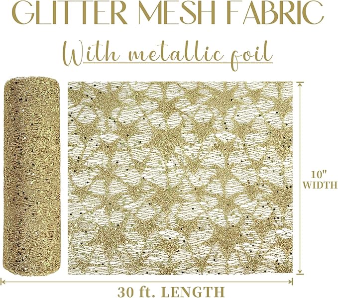 MEEDEE Gold Glitter Mesh Star Web Ribbon 10 Inch Wide by 10 Yards Roll Gold Mesh Fabric Ribbons Decorative Mesh Ribbon for Christmas Tree, Garland, Holiday Crafts, Wreaths, Bows, Home Decor
