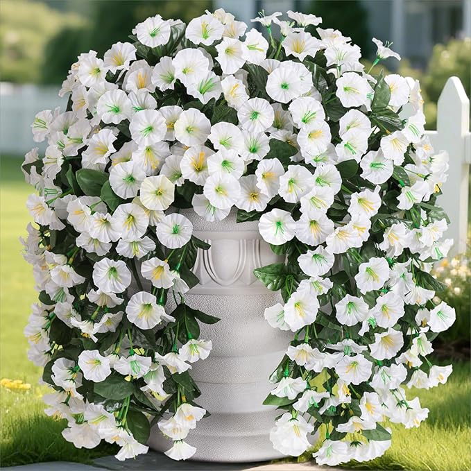 Artificial Faux Hanging Plants Flowers for Winter Christmas Outdoor Outside Decor, 2 PCS Fake Silk White Morning Glory Long Vines UV Resistant Look Real for Home Porch Patio Balcony Planter Decoration