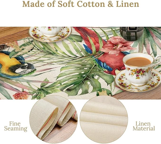 Parrot Table Runner,Tropical Palm Leaf Colorful Macaw Bird Watercolor Print Tablecloth Burlap for Hotel Indoors Outdoor Dining Room Kitchen Home Decor,W13X L60 in