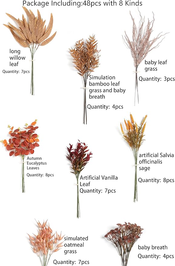 Serra Flora Artificial Greenery Stems Filler Combo Box Set,48pcs with 8 Kinds of Faux Foliage Picks for DIY Bridal Bouquets Wedding Flowers Arrangement Party Table Centerpieces