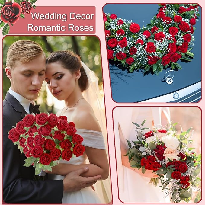 12Pcs Red Roses Artificial Flowers Fake Roses Faux Velvet Silk Flower for Home Wedding Decoration (Pearl Rose, Red)