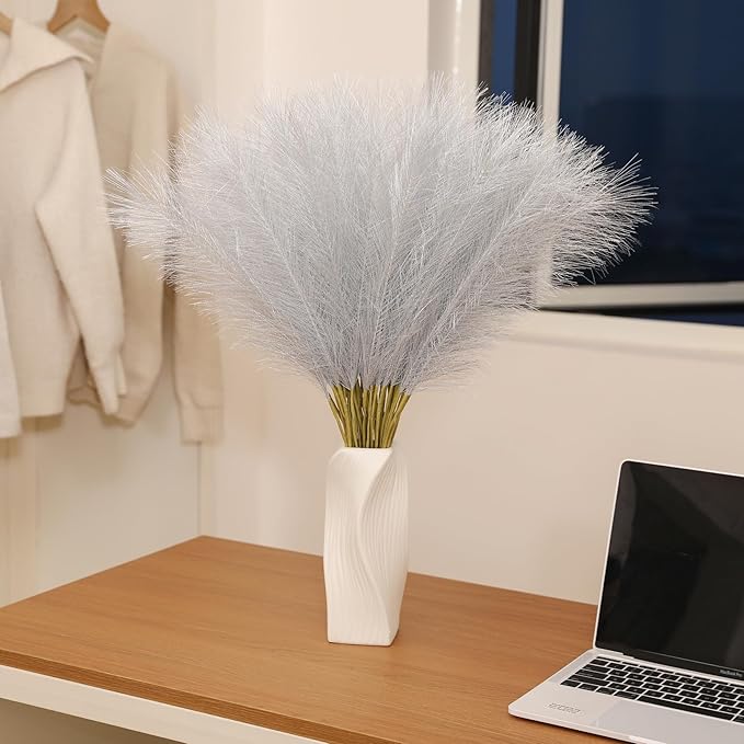 Faux Silver Pampas Grass - 60pcs 24 Inch Short Artificial Pampas Grass Decor, Fake Pompas Floral for Vase Filler, Wedding Flower Arrangement, Party and Home Decor (Silver, 60 Pieces)