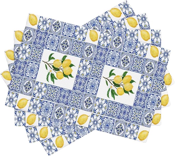 Lemon Table Placemats Set of 4 Blue Tile Print Linen Placemats for Indoor Outdoor Party Home Desktop Kitchen Dining Room Decor 12x18 Inch