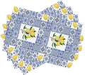 Lemon Table Placemats Set of 4 Blue Tile Print Linen Placemats for Indoor Outdoor Party Home Desktop Kitchen Dining Room Decor 12x18 Inch