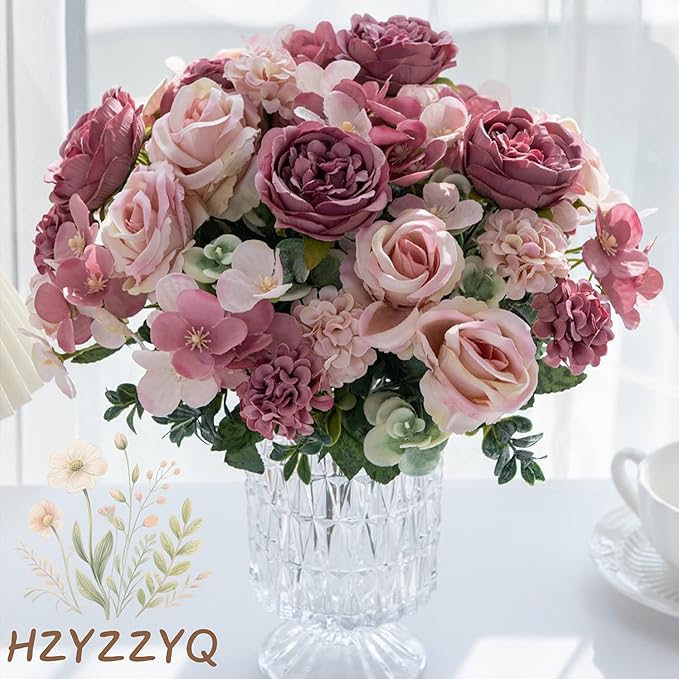 2 Pack Artificial Peony Flowers, Silk Peonies Flowers Fake Peonies Artificial Flowers Peonies Hydrangea Bouquet for Centerpiece Table Wedding Party Home Decor (2, Rose + Pink)
