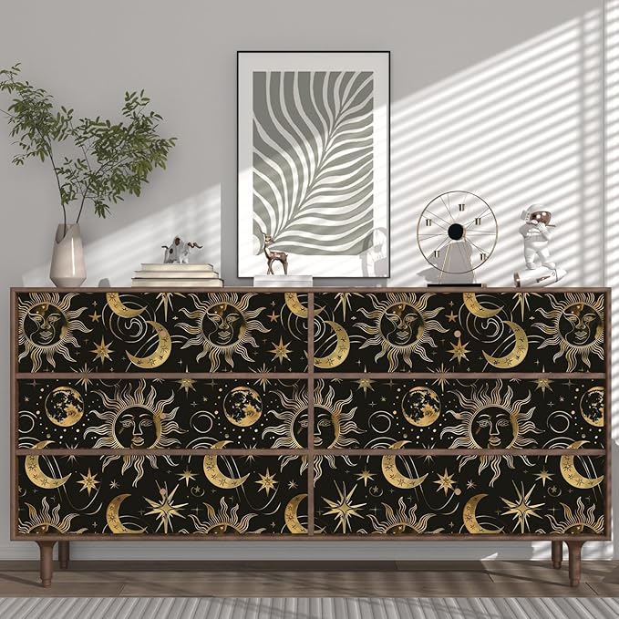 Black Peel and Stick Removable Vintage Wallpaper Gold Celestial Sun Moon Star Contact Paper 17.5" x 393" Dark Boho Mural Waterproof for Wall Bedroom Kitchen Bathroom Cabinet Room Decor
