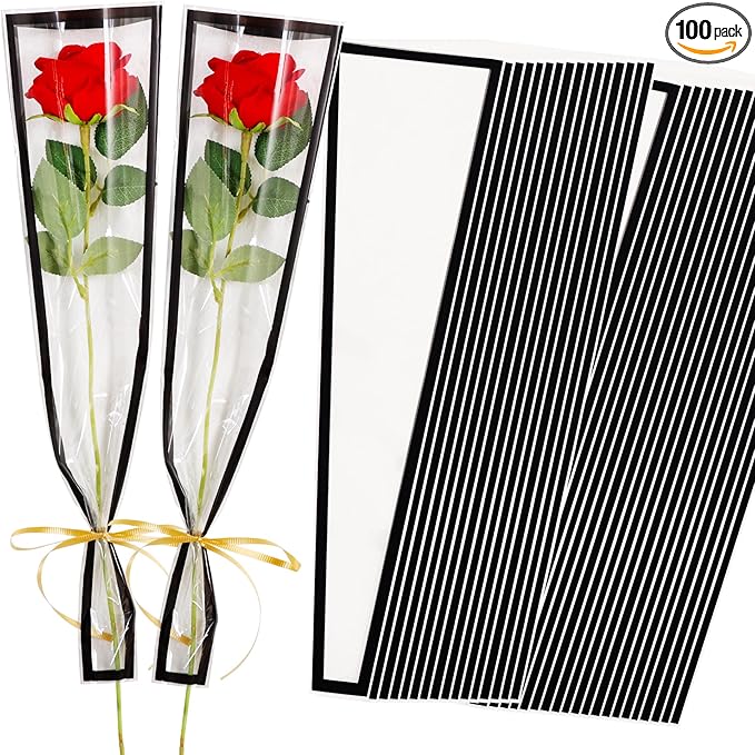 BEISHIDA 100 PCS Single Rose Sleeve Single Flower Wrapping Bags Single Rose Packaging Cellophane Flower Sleeves for Florist Bouquet Supplies, Mother's Day, Valentine's Day,Wedding Gift(Pink Edge)