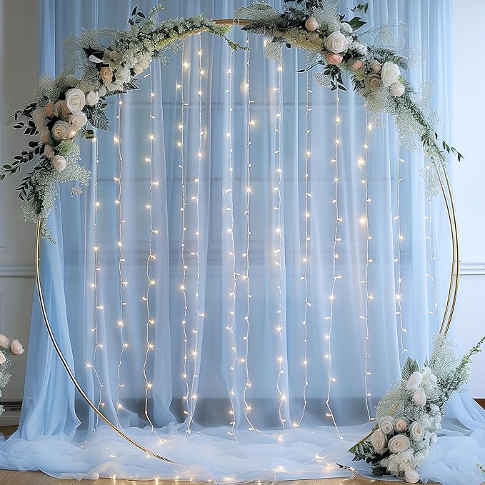 20x10ft Baby Blue Tulle Backdrop Curtain with Lights String for Parites, Sheer Backdrop Curtains for Wedding Baby Shower Birthday Party Photo Shoot Decorations