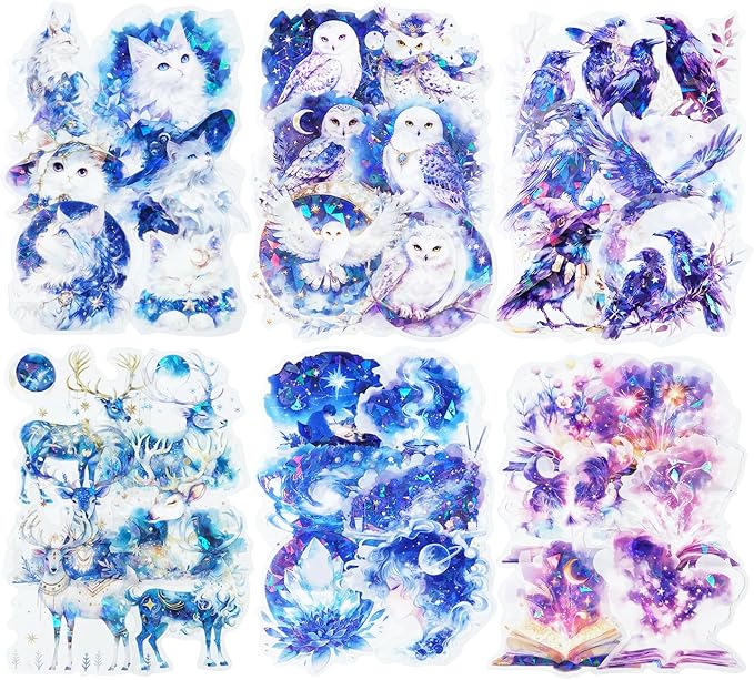 Magical PET Sticker Set, 60Pcs Fantasy Holographic Stickers for Scrapbooking, Journaling, DIY Crafts, and Collage Supplies