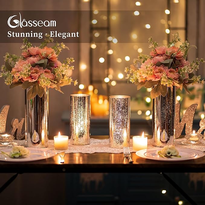 Glasseam Cylinder Vases for Centerpieces Bulk: Set of 24 Silver Mercury Glass Vases for Flowers Floating Candle Vases for Flowers Hurricane Candle Holders for Table Centerpiece Wedding Decor