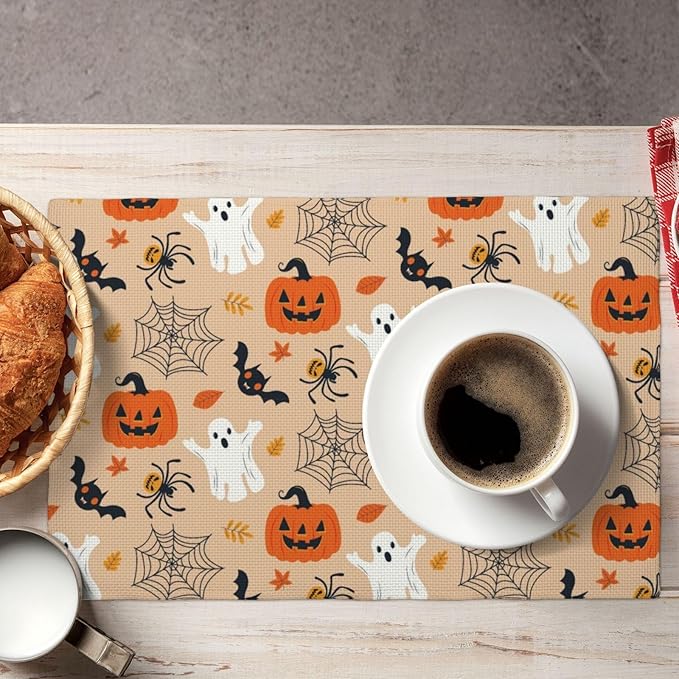 Placemats 4 pcs Halloween Double-Layer Imitation Linen Place Mats Non-Slip Heat-Resistant Tablemats for Home Restaurant Hotel 18×12 Inch