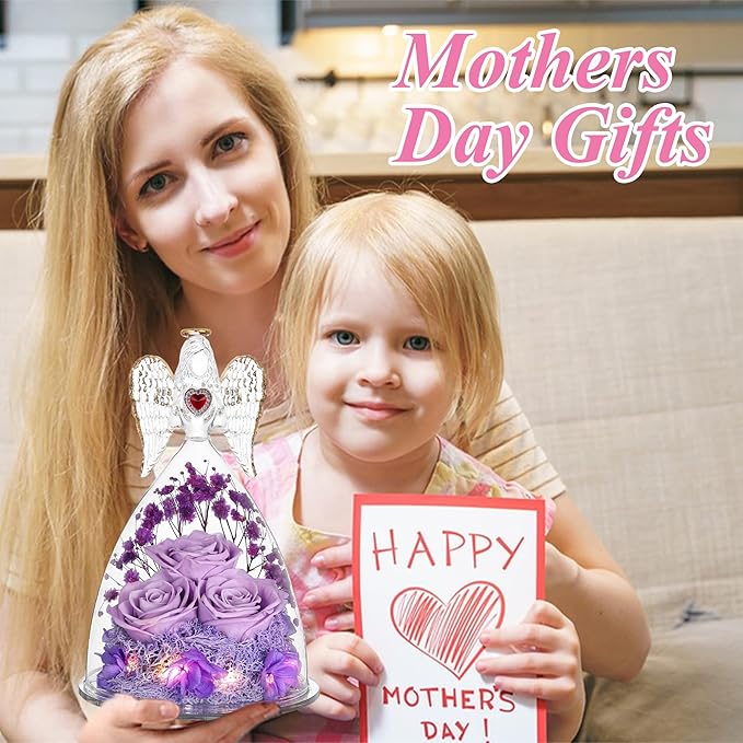 Mothers Day Rose Gifts for Women, Large Angel Figurines with Real Roses, Preserved Real Flower Rose for Her, Light Purple