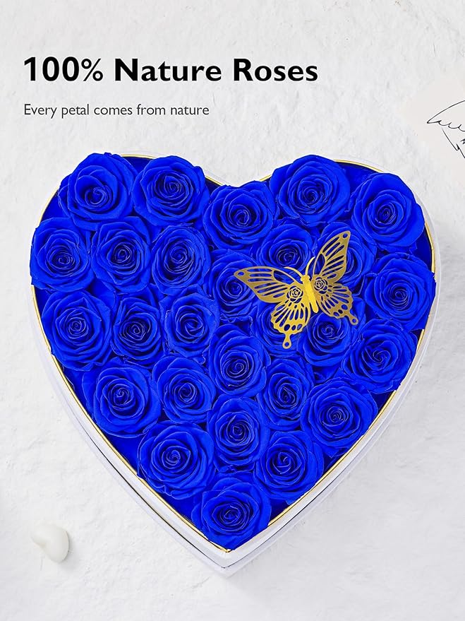 Eterfield 27 Forever Flowers in Heart Shape Box, Preserved Roses That Last a Year Preserved Flowers Birthday Gifts for Her Mom Women Wife Anniversary Valentines Day Mothers Day Christmas, Royal Blue