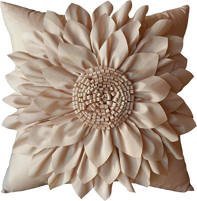 Bella's Giftshop 3D Sunflower Decorative Throw Pillow Covers for Bed Sofa Couch Car, Accent Floral Taffeta Cushion Cover, Handmade Pillow Cases Living Room Decor, 17x17 Inch-Beige/Taupe
