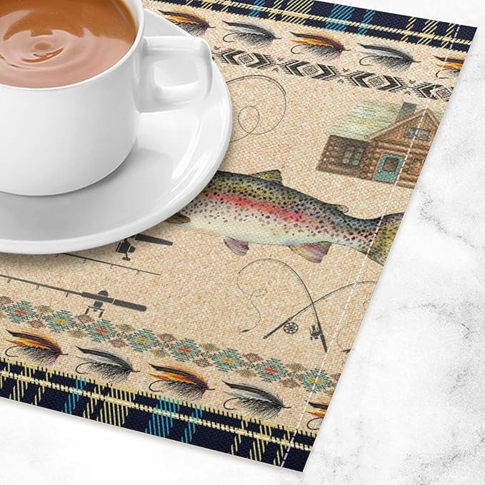 Rustic Cabin Bear Placemats Fishing Rods Lure Southwestern Check Plaid Blue Art Printed Dining Table Mats Set of 4 for Home Kitchen Holiday Picnic Party Decor 12x18in
