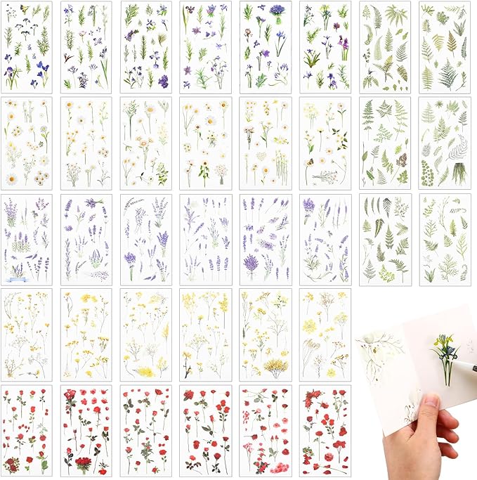 Angoily Vintage Floral Stickers Pet Transparent Flower Decals for Scrapbooking Journals Crafts Planner Decoration with Diverse Botanical Designs