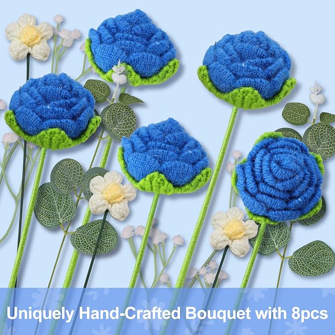 Foyucool Crochet Flowers Bouquet, Handmade Knitted Rose Bouquet with Gift Bag for Home Deocor, Crocheted Finished Flower for Wedding, Mother's Day, Teachers' Day and Valentine's Day, Blue