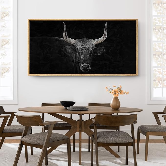 SIGNFORD Extra Large Framed Canvas Print Wall Art Monochrome Bull Illustrations Modern Art Relax/Calm Warm for Living Room, Bedroom, Office - 60"x30"