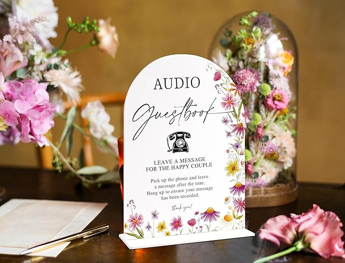 Audio Guest Book Sign for Wedding Table Decor, Wild Flower Arch Acrylic Wedding Signs for Reception, Floral Bridal Shower Engagement Party Decorations for Baby In Bloom Baby Shower