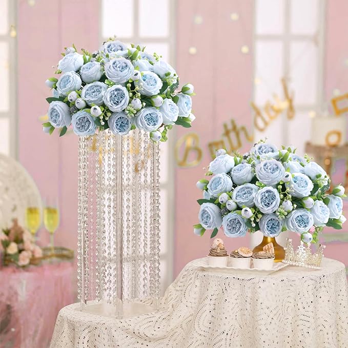 ASTRYAS 8Pcs Peonies Artificial Flowers, Blue Peony Bridal Artificial Peonies, Silk Peony Flowers Fake Artificial Flowers Bouquet for Centerpiece Table Wedding Party Home Decor- Light Blue