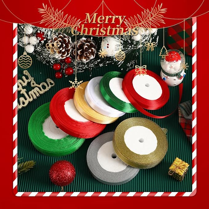 Christmas Ribbon, SEPGLITTER 250 Yards 8 Rolls Christmas Satin Organza Ribbons Gift Wrapping Ribbon for Xmas Party Decoration DIY Crafts Supplies (Red, Green, Gold, Silver, White)