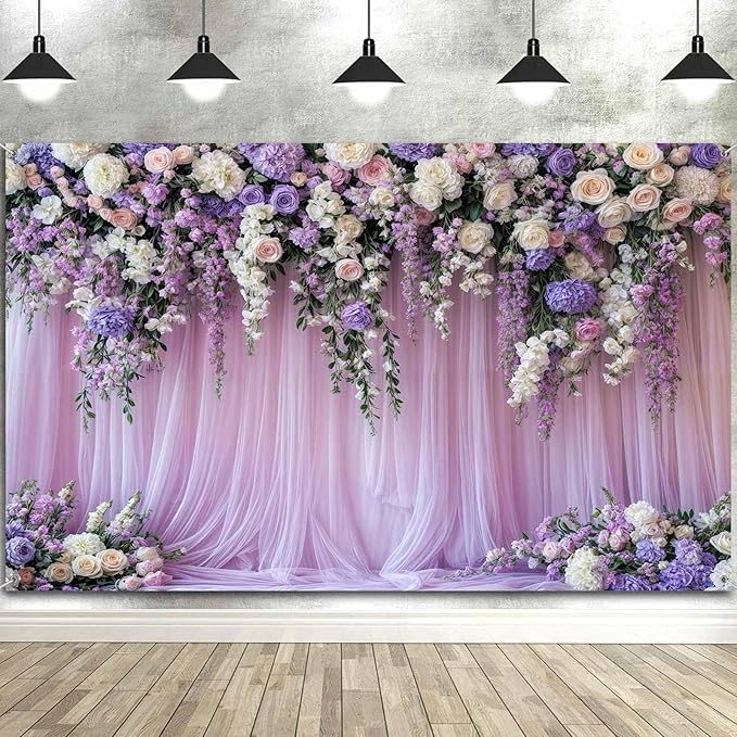 5x3ft Purple Lavender Floral Bridal Backdrop Wedding Flower Photography Backdrop for Girl Portrait Baby Shower Birthday Party Decor Banner Mother's Day Party Wall Backdrop Studio Photo Backgrounds