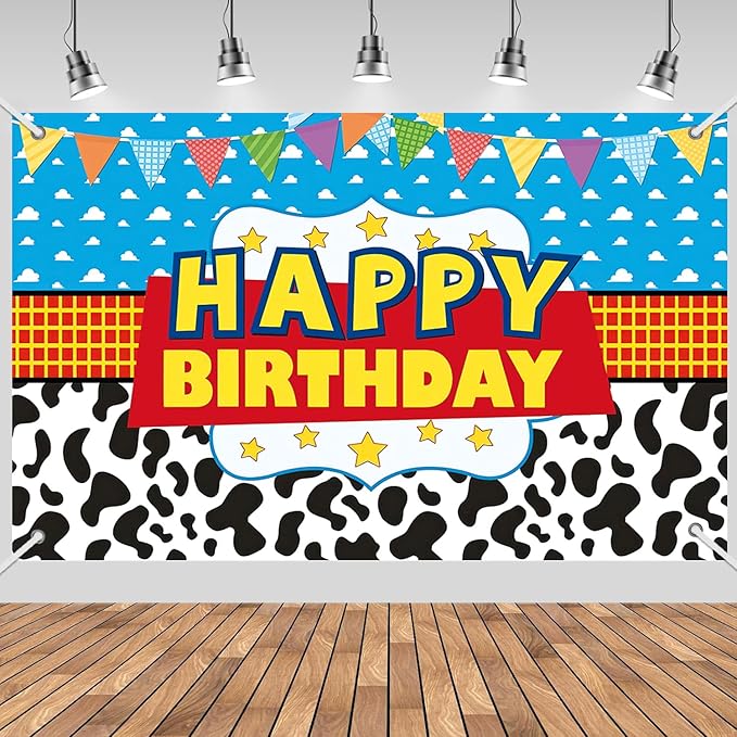 3x5ft Cartoon Cowboy Birthday Backdrop, Happy Birthday Decoration Background, Cute Cartoon Theme Party Supplies Outdoor Indoor Photo Banner