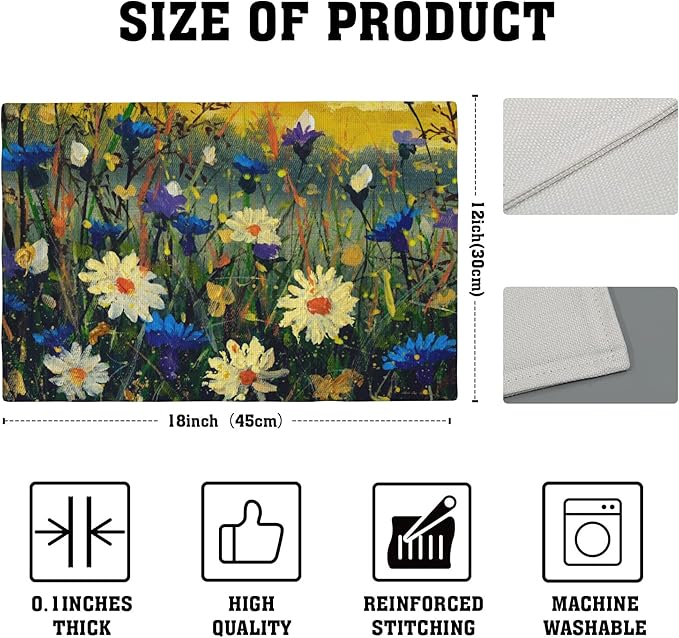 Watercolor Daisies Placemats Set of 4,Blue Cornflowers 12x18 Inch Non-Slip Washable Heat Resistant Linen Fabric Table Mats,Place Mats for Holiday Party