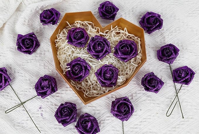 Purple Glitter Roses Artificial Flowers 30 PCS Artificial Flowers 2.17 in Glitter Flowers Foam Roses with Stem Faux Flowers for DIY Wedding Bridal Bouquet Party Centerpieces Decor(Purple)