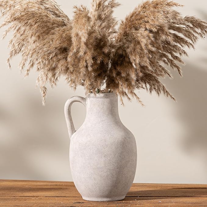 Ceramic Flower Vase Home Decor - 10 Inch Large White Rustic Table Flowers Vases Living Room Bedroom Plant Decorations Farmhouse Vintage for Kitchen Shelf Office Coffee Dining Desk House Women