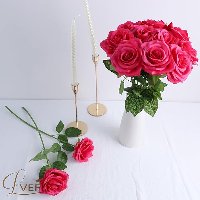12pcs Artificial Rose Flower Hot Pink Rose Flower with Long Stem Silk Roses Bouquet for Wedding Bridal Shower Party Home Decoration
