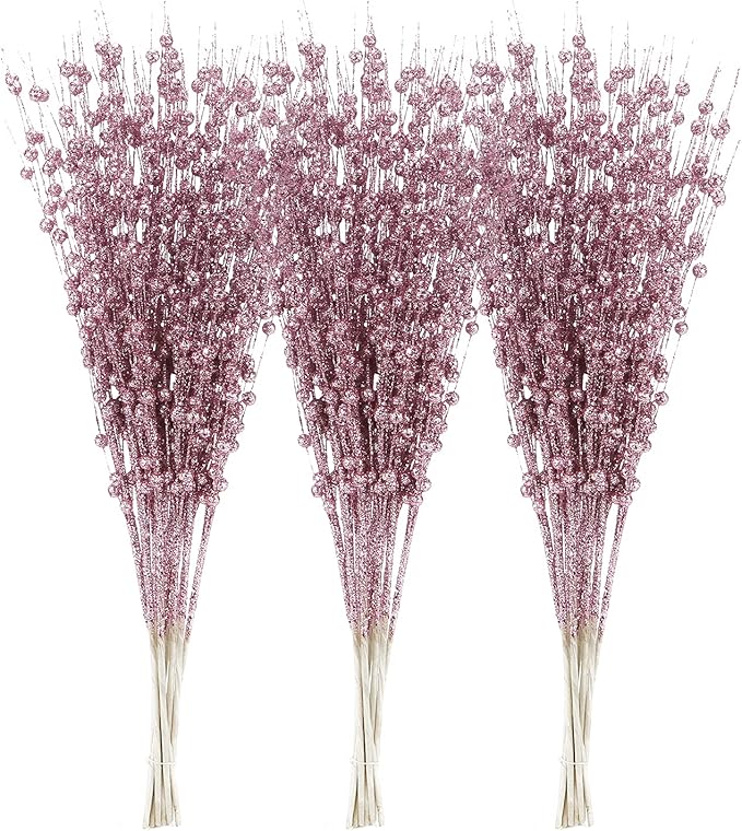 Sea Team 24-Pack Artificial Glitter Berry Stem Ornaments, Decorative Bead Sticks, Glittery Twigs, Picks, Branches for Christmas Tree, Small Vase, Holiday, Wedding, Party (17 Inches, Pink)