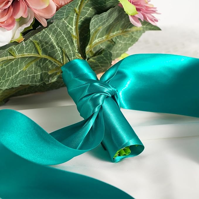 MEEDEE Teal Satin 3 Inch Ribbon Lux Double Faced Satin Ribbon Christmas by 10 Yards Green Ribbons Teal Ribbons for Christmas Tree Decoration, Weddings, Flower Bouquet, Bow Making