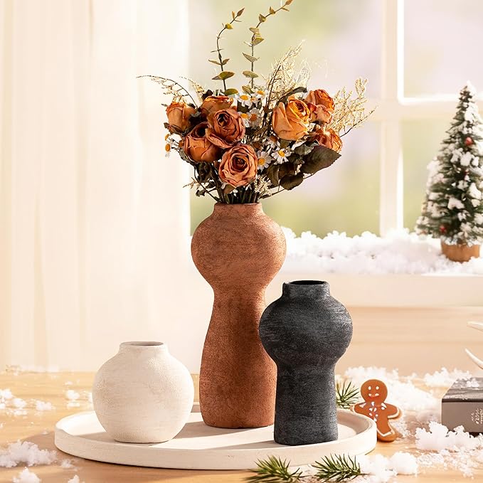 Ceramic Vase Home Table Decor - Flower Vase Set of 3 Living Room Kitchen Decorations Farmhouse Modern Rustic Vases Decorative Centerpiece for Shelf Bedroom Office Bathroom Dining Coffee Desk