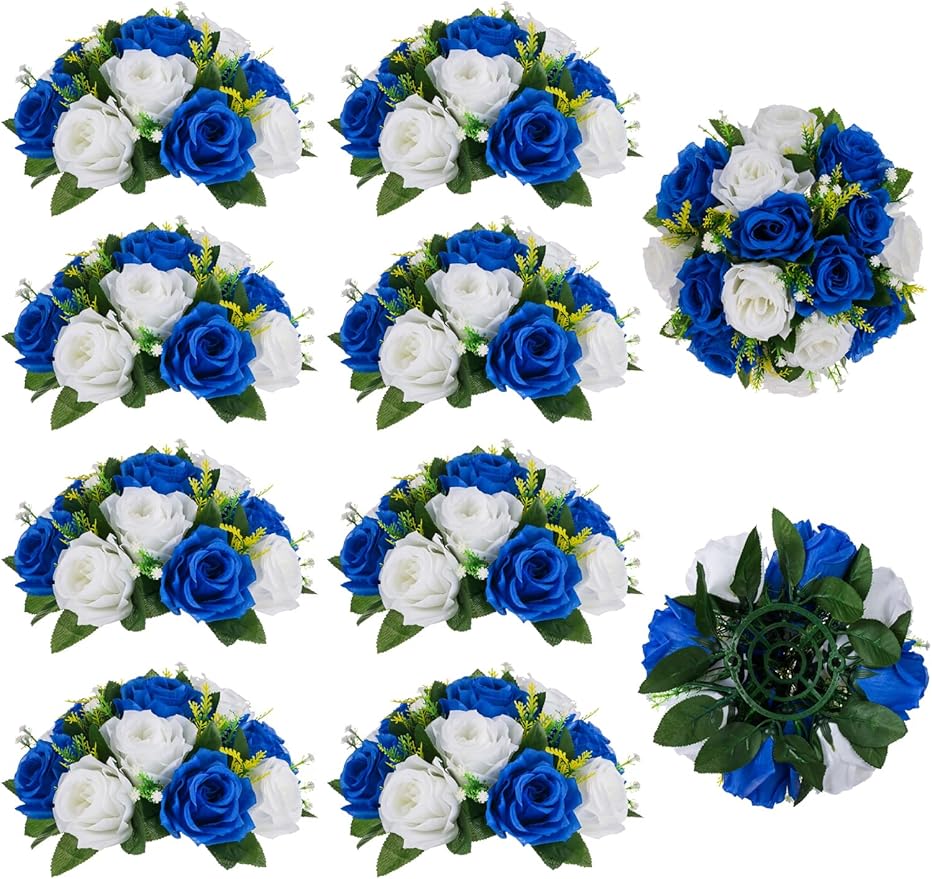 Flower Balls Wedding Rose Centerpieces: 10 Pcs Fake Flowers Royal Blue&White Kissing Balls Decor Artificial Floral Arrangements Flower Bouquet of Roses Home Party Table DIY Decorations