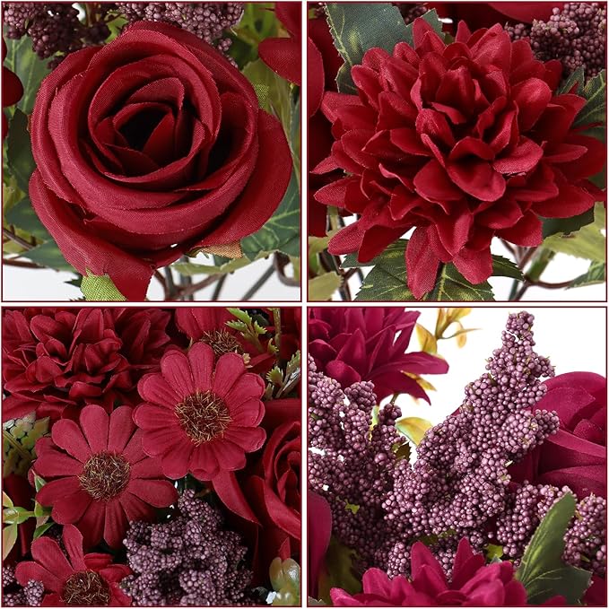 Dremisland Artificial Christmas Flowers 2 Bundles Fake Roses Silk Like Real Artificial Bouquets with Daisy Chrysanthemum Faux Flowers Arrangements for Christmas Centerpiece Table Home Decor