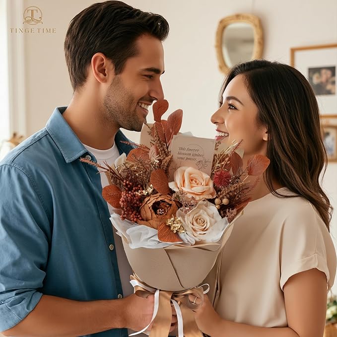 TINGE TIME Preserved Flowers Bouquet, Flowers for Delivery, Birthday Gifts for Women, Eternal Roses Bouquet for Grandma Wife Anniversary (Nude Color & Pale Coffee)