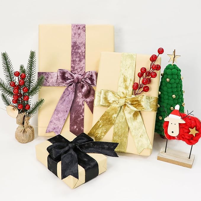 Velvet Ribbon Gold 1-1/2 inch Wide Double-Sided Glossy Fabric Ribbons for Christmas Tree Decor Gift Wrapping Flower Bouquet DIY Crafts 10Yd