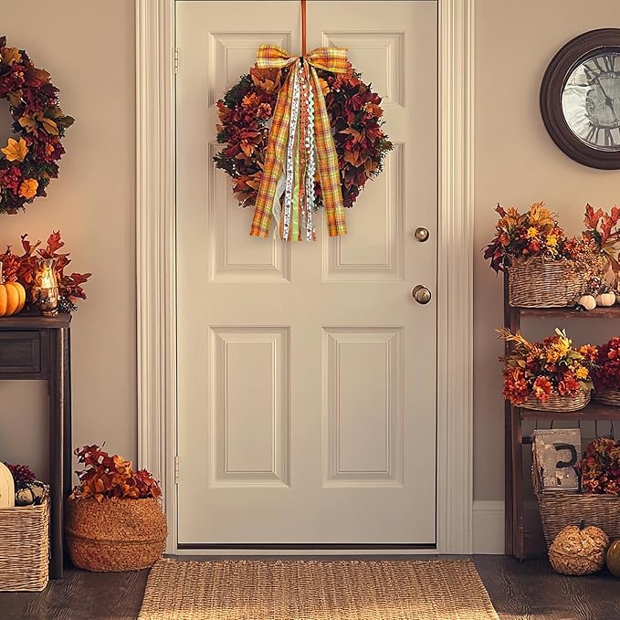 Large Fall Ribbon Bow for Wreath, Orange Buffalo Plaid Fabric Ribbons Set Assorted Lace Ribbon Fall Clip-On Wreath Sash Ribbons Bundle for Thanksgiving Indoor Outdoor Decor