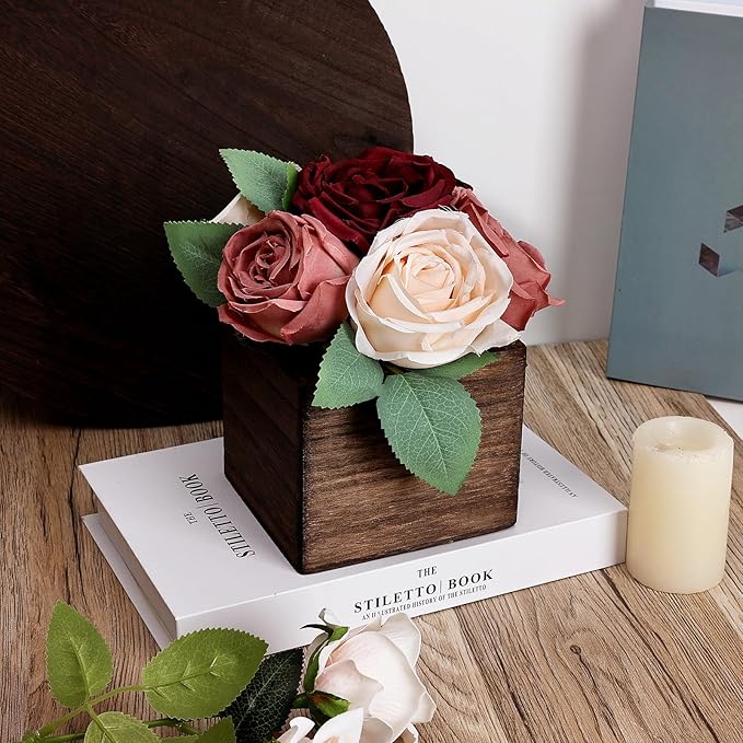 Dining Table Centerpiece Set of 6 - Pre-Made Aritifial Rose with Wooden Vase Fake Floral Arrangment Faux Flower for Wedding Bridal Tea Party Event Decorations - Burgundy & Dusty Pink
