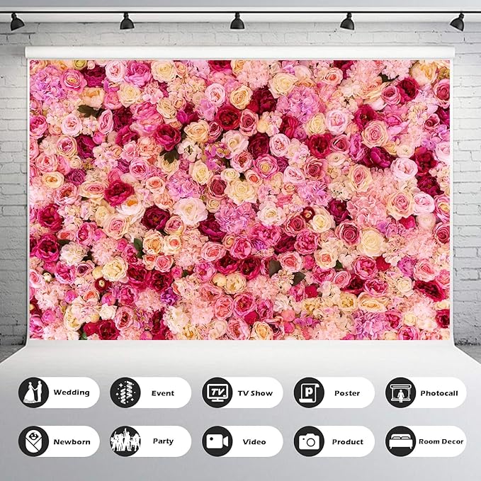 Pink Red Rose Flowers Theme Photography Background Baby Shower Wedding Happy Birthday Photo Backdrop Dessert Cake Table Floral Decoration Studio Props Banner Decor Background 9x6ft