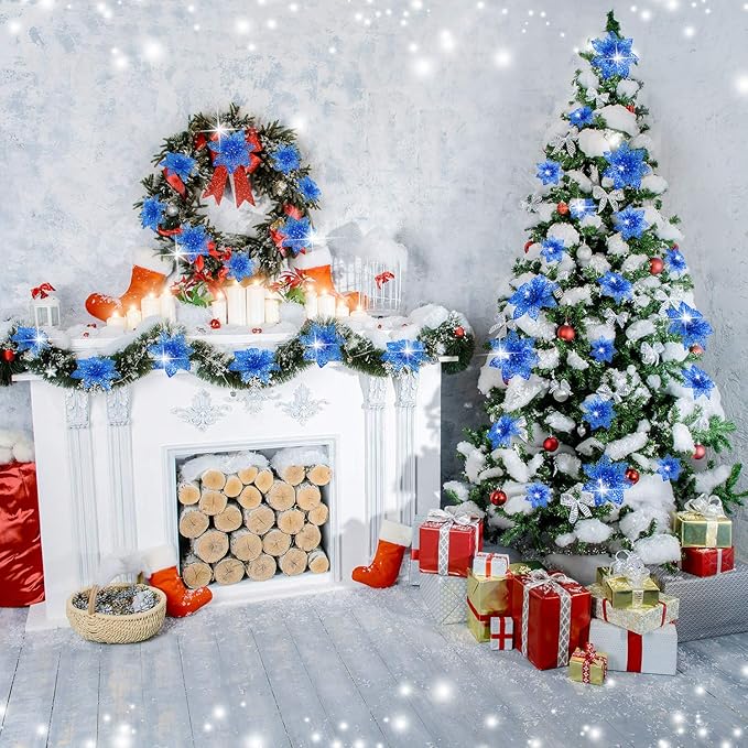 Boao Blue 24 Pieces Poinsettia Flower Christmas Glitter Artificial Poinsettia with Clips Christmas Tree Ornament Decorations for DIY Xmas Wreath Holiday Home Party Decor, 3/4/6 Inches